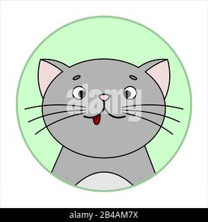 Gatto Sorpreso Carino, Icona Rotonda, Emoji. Gatto grigio Con un Whiskers, Sorride, mostra la lingua. Immagine Vettoriale Isolata Su Sfondo Bianco. Illustrazione Vettoriale