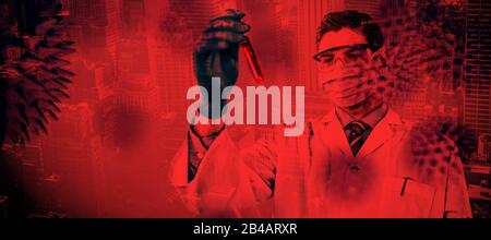 Immagine composita di un medico che indossa occhiali protettivi e maschera chirurgica che contiene una provetta. Test Foto Stock