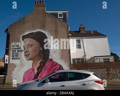 Un murale con Greta Thunberg a Brighton Foto Stock