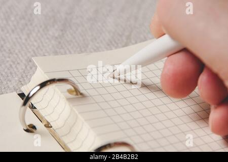 Scrittura su notebook con pagine in una cella. Una pagina vuota di un notebook aperto Foto Stock