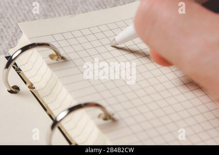 Scrittura su notebook con pagine in una cella. Una pagina vuota di un notebook aperto Foto Stock