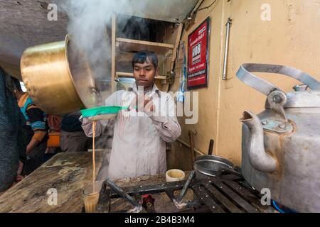 India, Uttarakhand, Haridwar, città Santa di induismo, venditore di chai masala, tè indiano aromatizzato Foto Stock