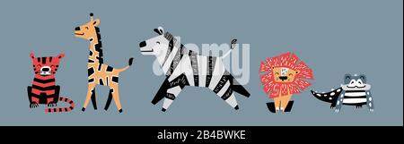 Set di animali africani Cartoon carino. Raccolta di caratteri disegnati a mano. Illustrazione del vettore piatto. Illustrazione Vettoriale