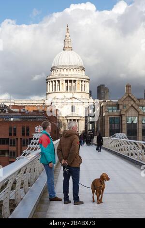 Cane a piedi Londra - camminare il cane sul Millennium Bridge vicino alla cattedrale di St Pauls, City of london UK - esempio di stile di vita di Londra Foto Stock