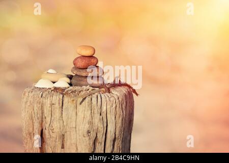 cairn di pietra su ole di legno al tramonto in luce calda del sole Foto Stock