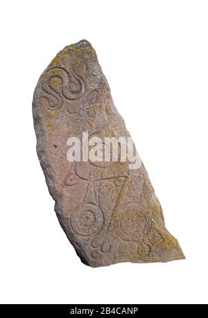 The Serpent Stone, scolpito Pitta pietra a Aberlemno, Scozia, Regno Unito su sfondo bianco Foto Stock