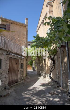 Destinazione estiva panoramica con piccola strada e vecchi edifici in Provenza villaggio, a sud della Francia Foto Stock