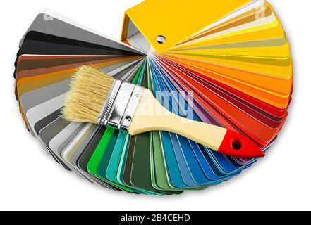Guida colore fan chart catalogo spettro di tutti i tipi di colori per scegliere vernice da libro pennello su di esso. Lavori di ristrutturazione fai-da-te miglioramento della casa stampa con Foto Stock