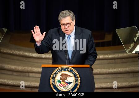 Washington, Stati Uniti. 06th Mar, 2020. 6 Marzo 2020 - Washington, Dc, Stati Uniti: Avvocato Generale William Barr Al Department Of Justice National Oppioidi Summit. (Foto Di Michael Brochstein/Sipa Usa) Credit: Sipa Usa/Alamy Live News Foto Stock