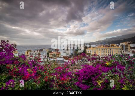 Spagna, Isole Canarie, isola di la Palma, Santa Cruz de la Palma, vista sulla città elevata con il Museo Navale, Museo Navale, dalla fortezza Castillo de la Virgen Foto Stock