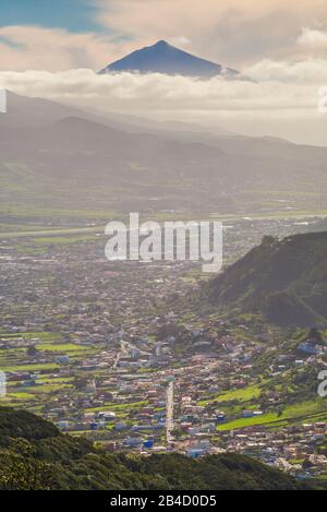 Spagna, Isole Canarie, Tenerife Island, Los Mercedes, vista elevata del Monte El Teide dal Mirador jardina Foto Stock