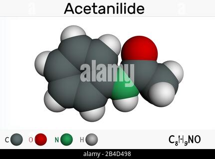 Acetanilide, C8H9NO, molecola di farmaco. Ha proprietà analgesiche e riducenti la febbre. Modello molecolare. Rendering 3D Foto Stock