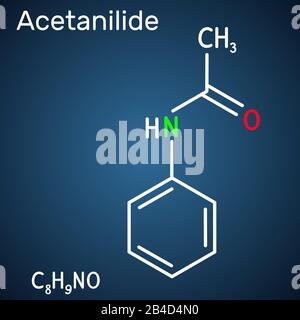 Acetanilide, C8H9NO, molecola di farmaco. Ha proprietà analgesiche e riducenti la febbre. Formula chimica strutturale sullo sfondo blu scuro. Vettore il Illustrazione Vettoriale