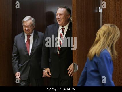 New York, Stati Uniti. 06th Mar, 2020. Il Segretario generale delle Nazioni Unite Antonio Guterres va a piedi con il Segretario di Stato degli Stati Uniti Michael Pompeo presso la sede delle Nazioni Unite a New York City venerdì 6 marzo 2020. Foto di John Angelillo/UPI Credit: UPI/Alamy Live News Foto Stock