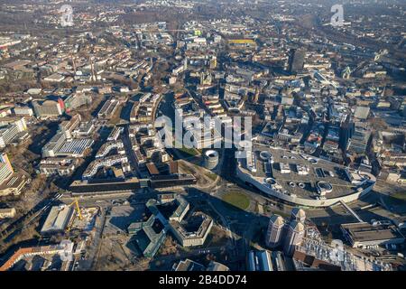 Veduta aerea, Funke Media House, centro commerciale Limbeck Square, jakob-Funke-Square, Segerothstrasse, Essen, Nord Reno-Westfalia, Germania Foto Stock