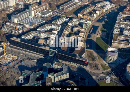 Veduta aerea, Funke Media House, centro commerciale Limbeck Square, jakob-Funke-Square, Segerothstrasse, Essen, Nord Reno-Westfalia, Germania Foto Stock