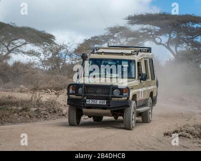 Tanzania, Tanzania settentrionale, Parco Nazionale Serengeti, Cratere Ngorongoro, Tarangire, Arusha e Lago Manyara, jeep su una strada polverosa Foto Stock