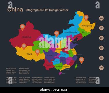 Infografica mappa Cina, colori piatti, con nomi di singole regioni, sfondo blu con vettore punti arancio Illustrazione Vettoriale