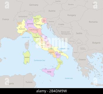 Mappa Italia con stati vicini, divisione amministrativa e nomi con città, mappe colori classico vettore di progettazione Illustrazione Vettoriale