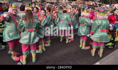 Las PALMAS, SPAGNA - 29 febbraio 2020: Collettivi di musica e danza, murgas e comparsas, partecipano alla principale sfilata di Carnevale mentre attraversa il ci Foto Stock