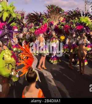 Las PALMAS, SPAGNA - 29 febbraio 2020: Collettivi di musica e danza, murgas e comparsas, partecipano alla principale sfilata di Carnevale mentre attraversa il ci Foto Stock