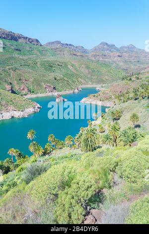 Fiume che scorre attraverso la montagna, vista in elevazione, Gran Canaria Isole Canarie Spagna Foto Stock