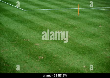 L'erba verde campo di un campo di calcio con una bandiera in pole davanti al 11m. Foto Stock