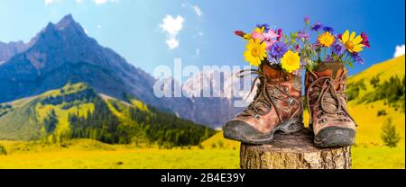 Wanderschuhe mit Blumen in schöner bayerischer Landschaft [M] Foto Stock