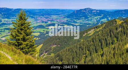Panorama dalla Schnippenkopf, 1833m, nell'Illertal con Sonthofen e Grünten, 1783m, Alpi Allgäu, Allgäu, Baviera, Germania, Europa Foto Stock