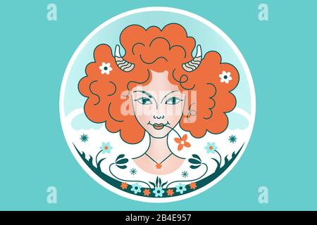 Aries segno zodiacale costellazione, ragazza o donna con capelli rossi soffici, corna, fiori, sfondo blu. Fantasia illustrazione, ornamento in una fiaba s Illustrazione Vettoriale