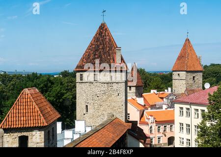 Estonia, Tallinn, vista dalle mura della città sulle torri delle mura della città Foto Stock