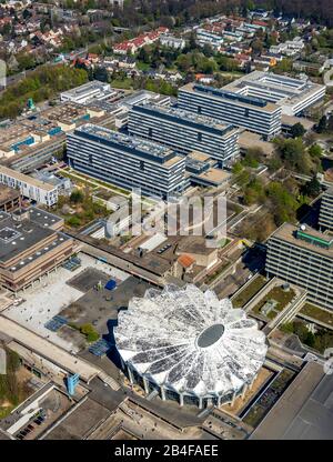 Veduta aerea della Ruhr-Universität Bochum, RUB con auditorium, auditorium, il più grande auditorium di Bochum nella zona della Ruhr nello stato del Nord Reno-Westfalia, Germania Foto Stock