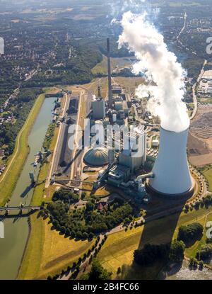 Veduta aerea del luogo logistico logport VI a Duisburg-Walsum sul Reno, sul terreno di fiaccolata di un ex cartiere vicino alla centrale di carbon fossile; Centrale di carbone STEAG e logistica delle bevande RheinfelQuellen H. Hövelmann GmbH & Co. KG a Duisburg, nella regione della Ruhr, nello Stato federale della Renania settentrionale-Vestfalia, in Germania, Foto Stock