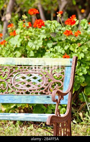 panca rustica giardino di fronte ai fiori, ancora vita, grecia Foto Stock