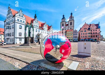 Municipio, Piazza Del Mercato, San Marienkirche, Lutherstadt, Wittenberg, Sassonia-Anhalt, Germania Foto Stock