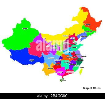 Mappa luminosa della Cina. Mappa della Cina illustrazione grafica su sfondo bianco. Foto Stock