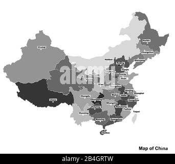 Mappa della Cina con regioni e città. Illustrazione grafica bianca e nera con mappa della Cina. Mappa cinese con regioni. Mappa con colori grigi astratti. Foto Stock