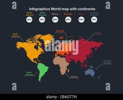 Mappa del mondo infografica con vettore continenti Illustrazione Vettoriale