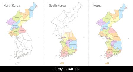 Mappa di Corea, Corea del Nord e Corea del Sud divisa in divisioni amministrative, coloring book vector Illustrazione Vettoriale