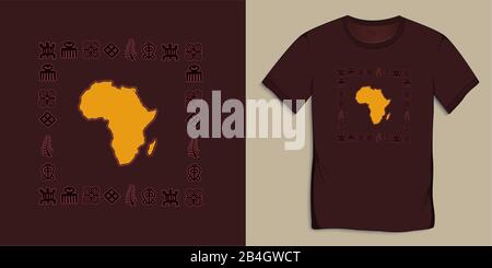 Stampa su t-shirt grafica design, Africa Mappa con simboli Adinkra, geroglifici africani immagine motivo, isolato su sfondo vettore Illustrazione Vettoriale