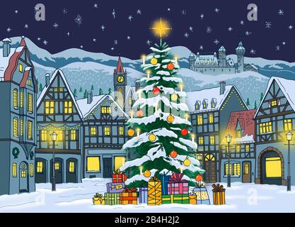Winterliches Weihnachtsdorf bei Nacht mit Weihnachtsbaum, Fachwerkhäusern und Burg a Schneelandschaft vor Sternenhimmel Foto Stock