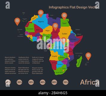 Infografica Africa map, flat design colors, con nomi di singoli stati e isole, sfondo blu con vettore arancione punti Illustrazione Vettoriale