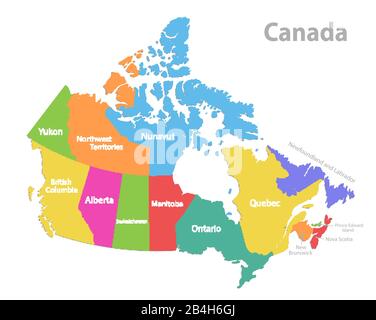 Mappa del Canada, divisione amministrativa, stati singoli separati con nomi di stato, mappa dei colori isolata su vettore di sfondo bianco Illustrazione Vettoriale
