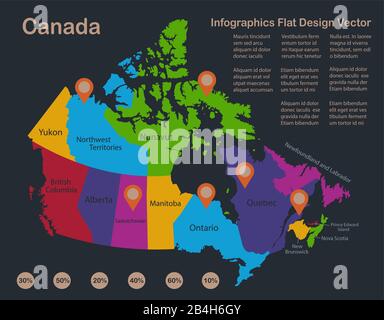 Infografiche mappa Canada, colori piatti, con nomi di singoli stati e isole, sfondo blu con vettore punti arancio Illustrazione Vettoriale