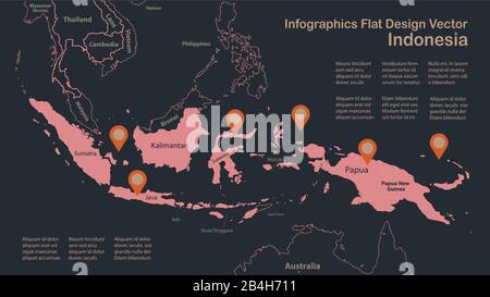 Infografica Indonesia mappa contorno, piano disegno, colore blu arancione vettore Illustrazione Vettoriale