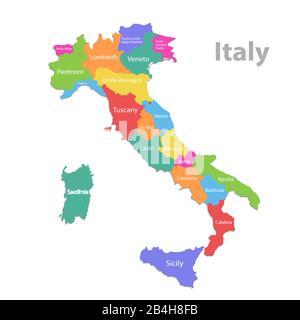Mappa Italia, divisione amministrativa con nomi, mappa colori isolata su sfondo bianco vettore Illustrazione Vettoriale