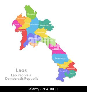 Mappa Laos, divisione amministrativa, stati individuali separati con nomi di stato, mappa colori isolata su sfondo bianco vettore Illustrazione Vettoriale