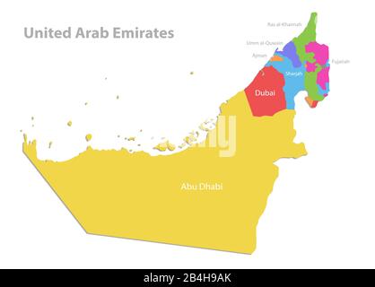 Mappa Emirati Arabi Uniti, divisione amministrativa con nomi, mappa dei colori isolata su sfondo bianco vettore Illustrazione Vettoriale