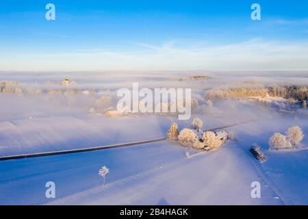 Paesaggio invernale con nebbia all'alba, Holzhausen sul lago di Starnberg, vicino a Muensing, Fünfseenland, registrazione dei droni, alta Baviera, Baviera, Germania Foto Stock