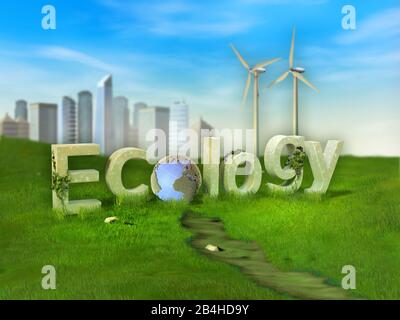 Parola ecologica creata da alcune lettere giganti in un prato verde. Figura 3D. Foto Stock